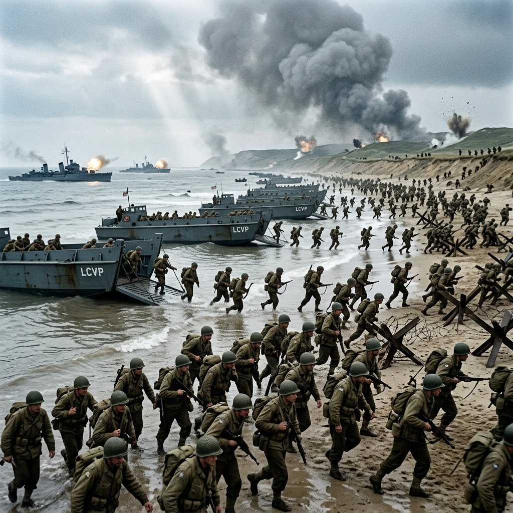 Soldiers disembarking from landing crafts and advancing on a war-torn beach with explosions and smoke in the background
