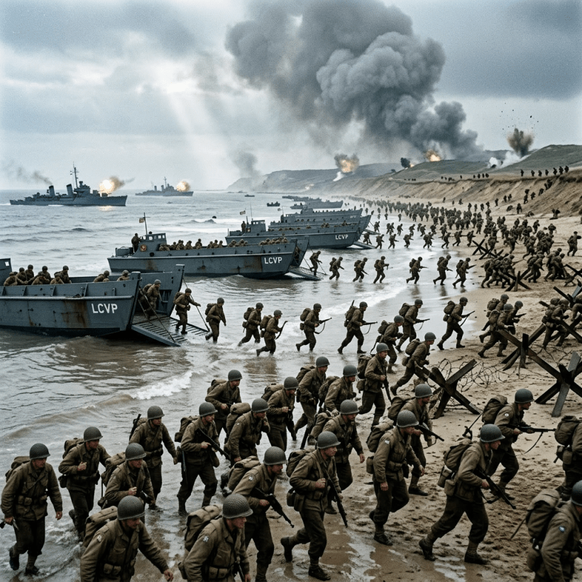 Soldiers disembarking from landing crafts and advancing on a war-torn beach with explosions and smoke in the background